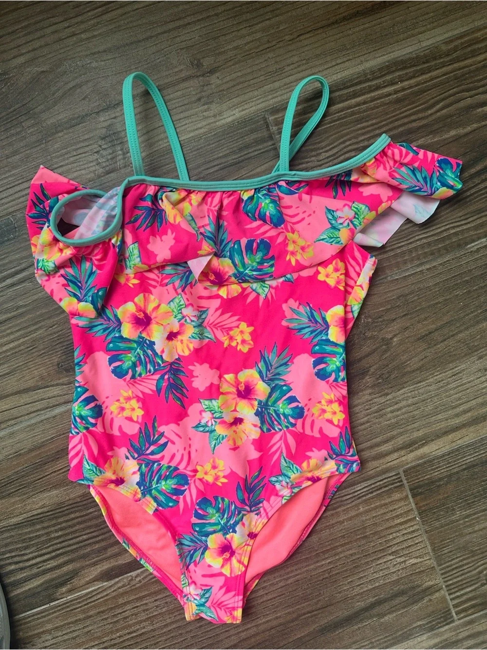 Tropical Pink Floral Girls' One-Piece Swimsuit with Mint Straps